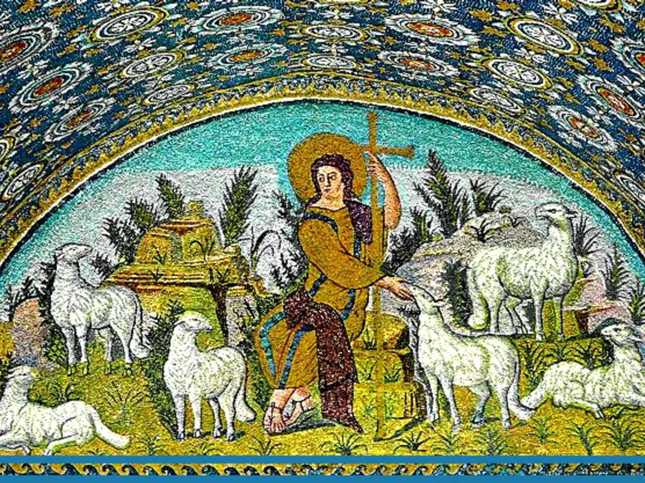 In this image, we can see a painting. In this painting, there are few sheep, plants. A person is...