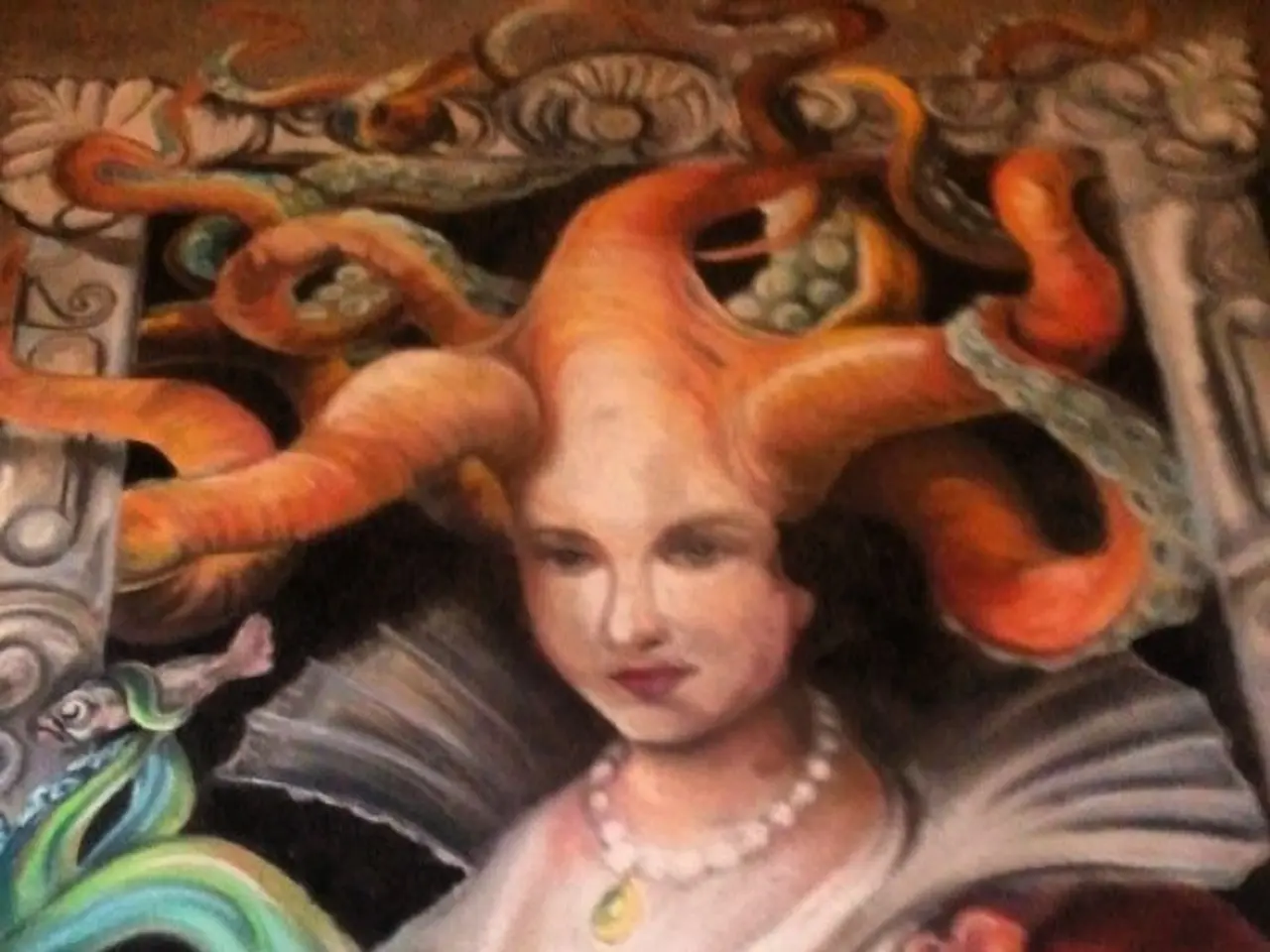 In this image we can see a painting of a person and some design.