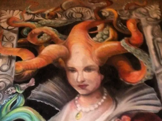 In this image we can see a painting of a person and some design.