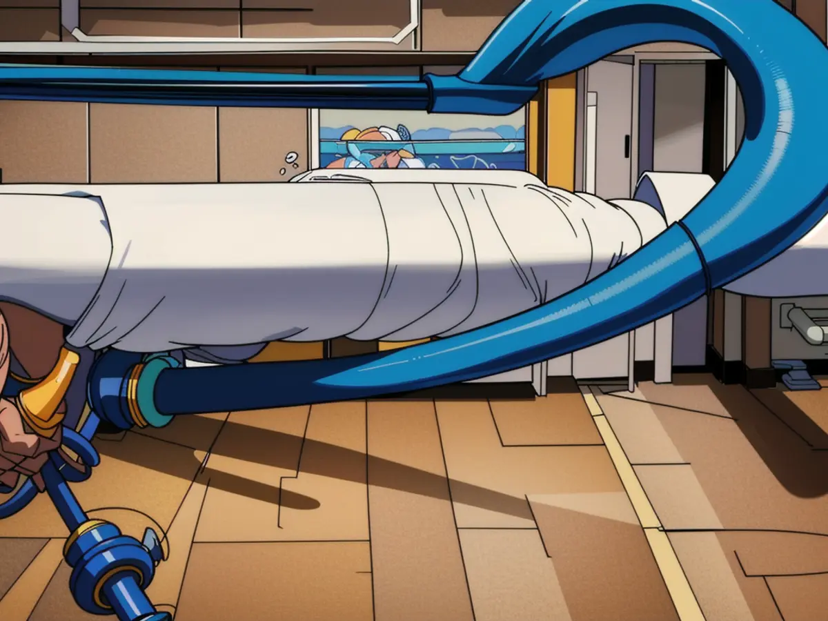 Appliance equipped with a blue-hosed vacuum cleaner, presumably intended for soil removal tasks. Cleaning appliance equipped with a blue tube, presumably used for suction and debris removal.