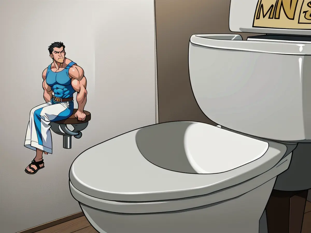 Toilet-seated cleaner in an elevated position Person occupying seat on top of the lavatory